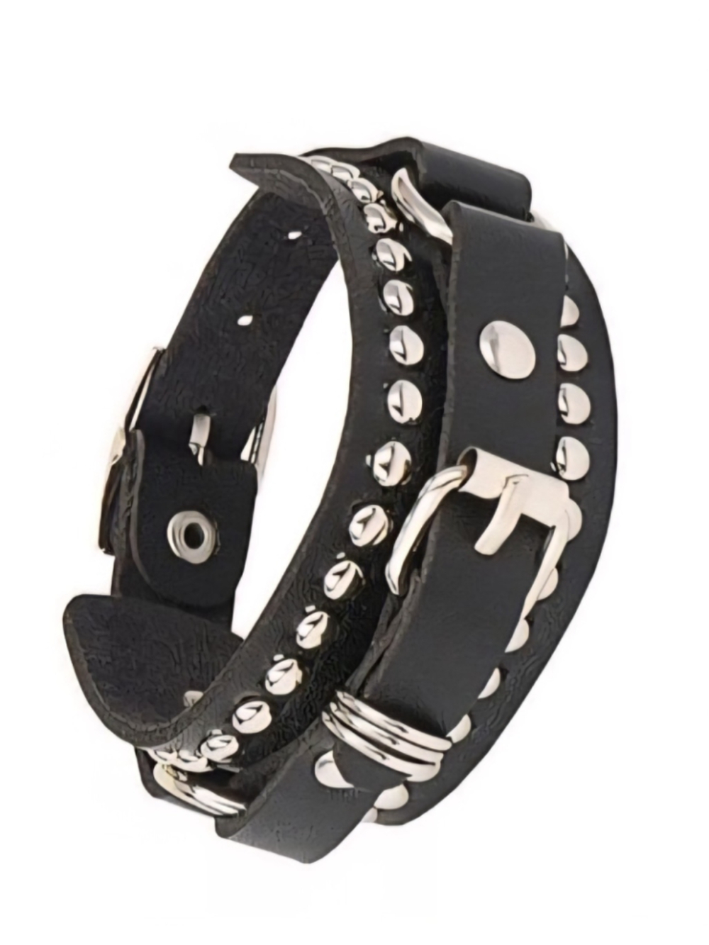 Gothic Punk Black Leather Double Buckle O-Ring Studded Bracelet Cuff Rock Jewelr